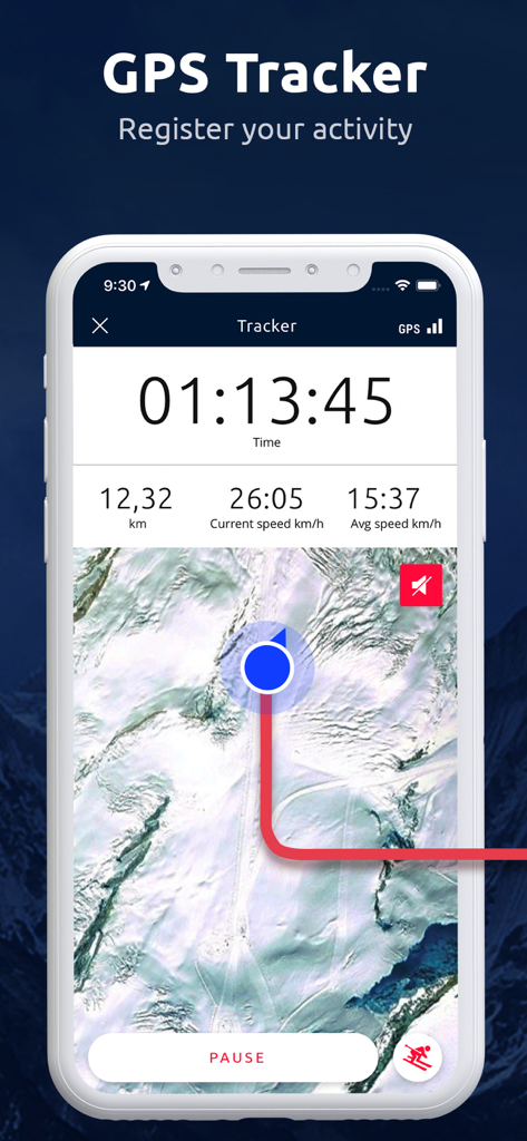 Skitude App-Oberfläche, die einen GPS-Tracker mit Skiaktivitätsstatistiken und einer Bergkarte anzeigt