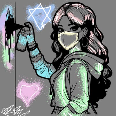 realistic girl with mask spray painting a wall
