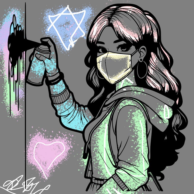 realistic girl with mask spray painting a wall