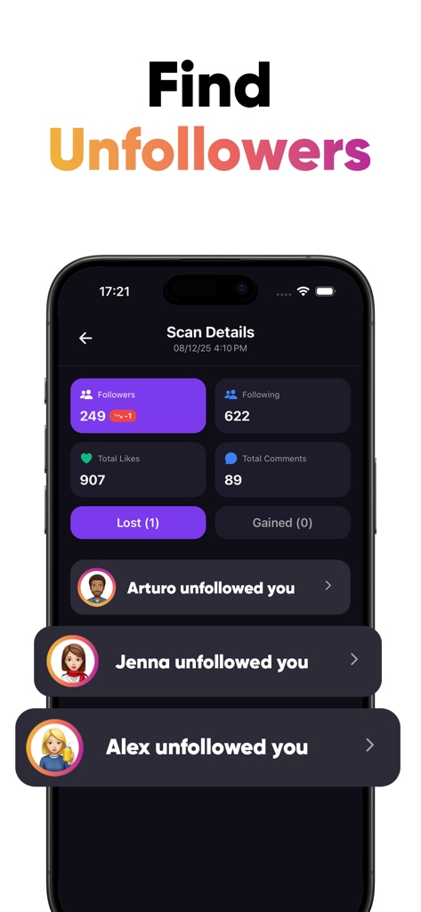 Unfollow Tracker Followers - Interface de l'application montrant des statistiques d'abonnés sur les réseaux sociaux et des notifications des personnes qui se sont désabonnées de l'utilisateur.