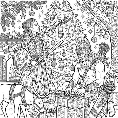 Embark on a unique holiday adventure with this captivating coloring page featuring powerful Elven Warriors celebrating Christmas. Discover an imaginative blend of fantasy and festive cheer, perfect for unleashing your creativity this season.