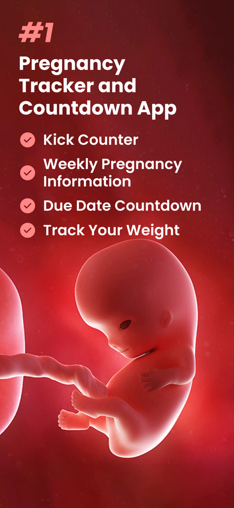 Track My Pregnancy Due Date AI - Pregnancy tracker app screen showcasing features like kick counter and due date countdown with a fetus illustration