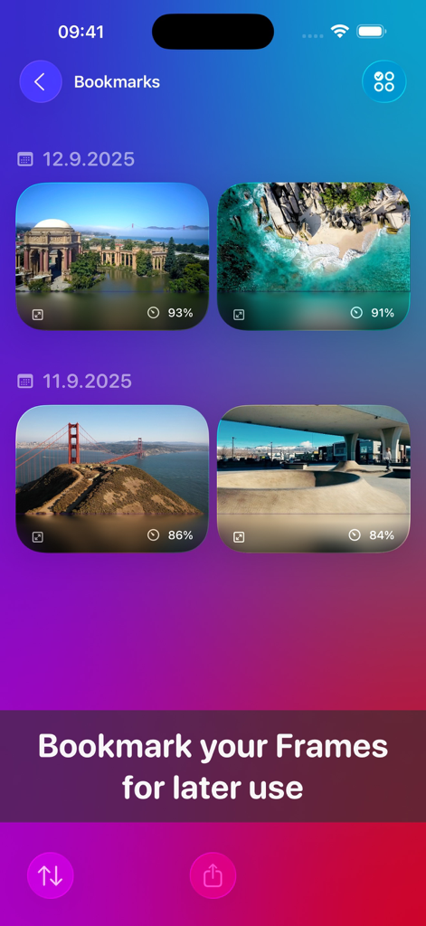 Captura de tela da página de favoritos do aplicativo Keyframe mostrando uma galeria de frames de vídeo de alta qualidade salvos, organizados por data.