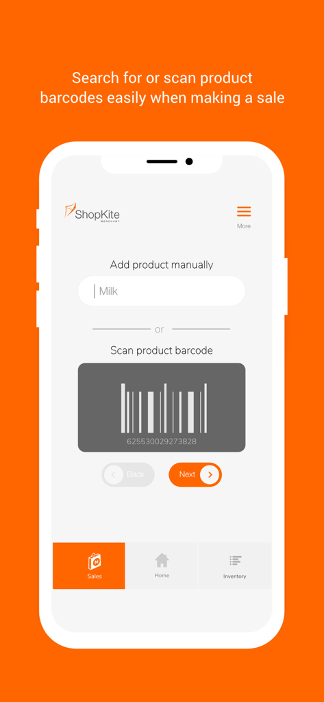 Shopkite Merchant mobile app interface showing options to add products manually or scan a barcode during a sale.