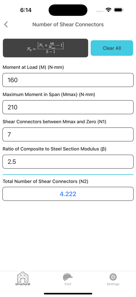 Structural Engineering lite - Structural Engineering lite app interface showing the calculation for total number of shear connectors