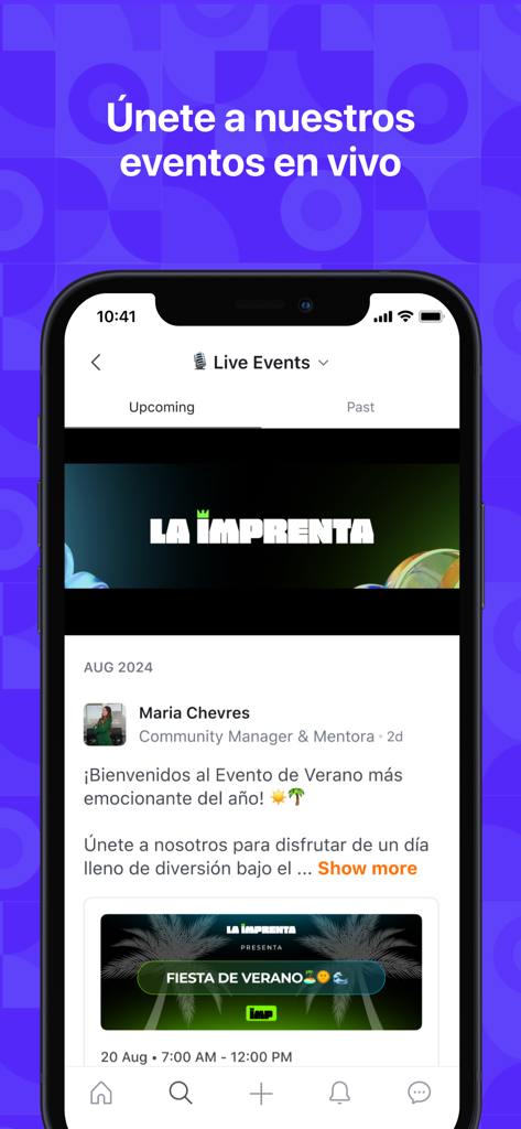 Interface do aplicativo Infusion Investments exibindo próximos eventos comunitários ao vivo e webinars