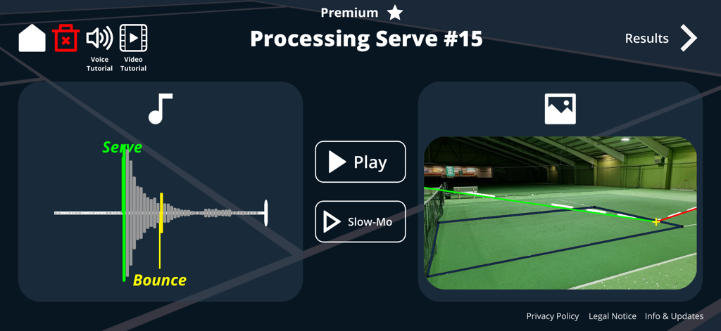 Tennis Serve Speed Tracker - Tennis Serve Speed Tracker app screen showing the analysis of a serve with audio waveform and 3D flight path visualization