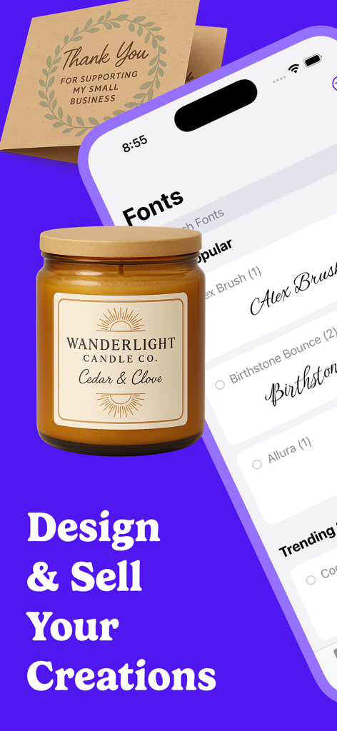 Crafti: Design for Makers - Crafti app screen showing font selection and custom branding for a small business candle and thank you card