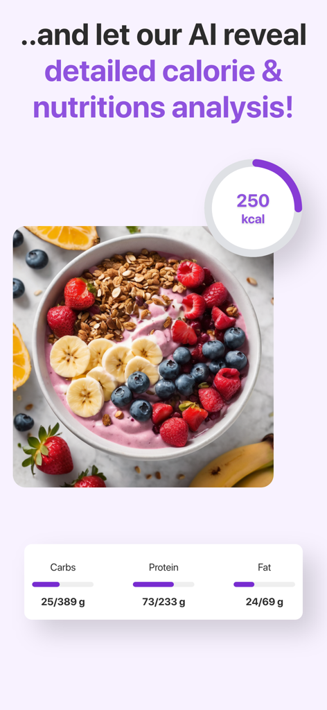 Intermittent Fasting - Fastik - Interfaz de la aplicación Fastik que muestra el conteo de calorías y el análisis de macros impulsados por IA para un tazón de fruta y granola.