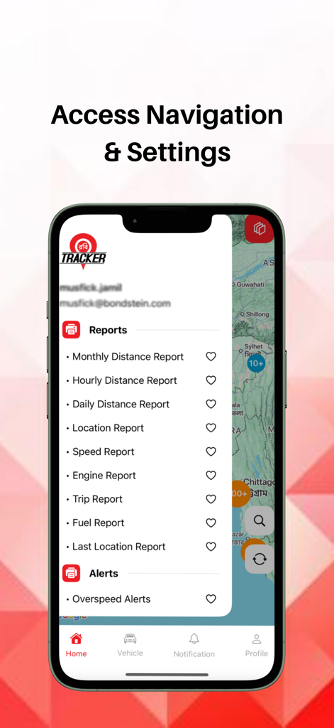 Robi Vehicle Tracker - RVT - Robi Tracker app interface showing navigation menu with list of vehicle reports for speed, location, and fuel