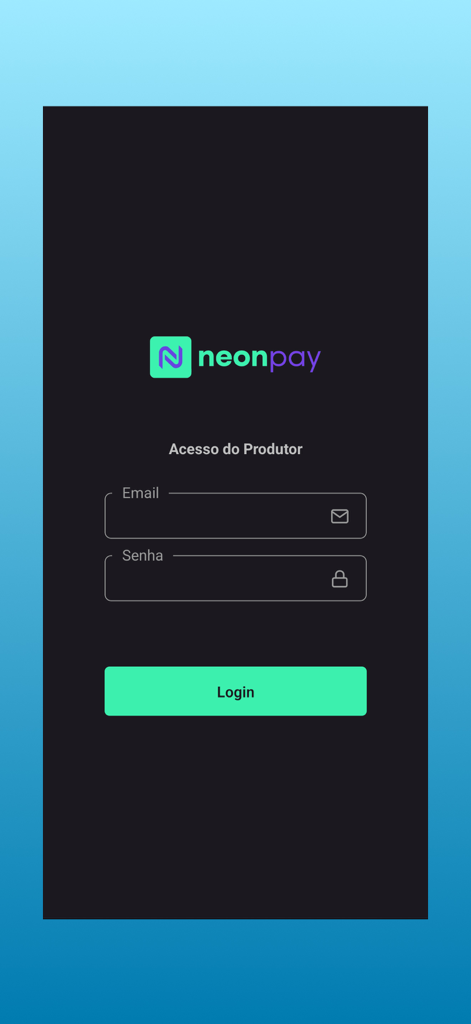NeonPay mobile app login interface with email and password input fields and a bright green login button