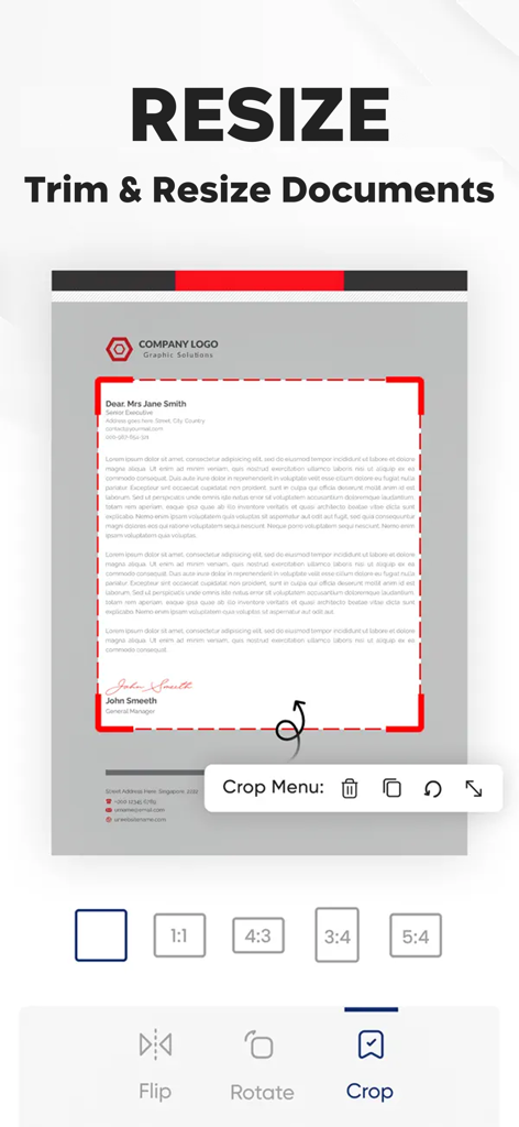 Photo to PDF Converter Doc - Interfaz de la app Photo to PDF Converter mostrando la herramienta de redimensionar y recortar para documentos