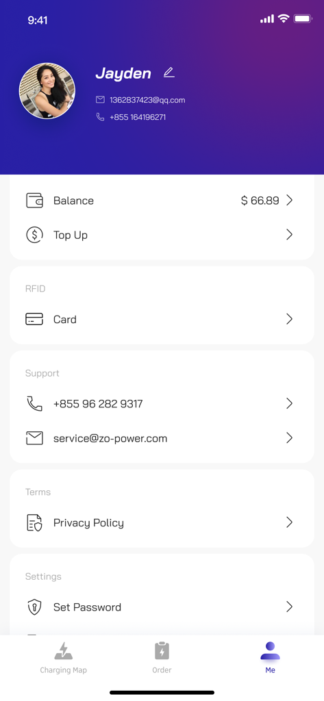 ZO Charge - Pantalla de perfil de usuario de la aplicación ZO Charge que muestra el saldo de la cuenta, las opciones de recarga y los detalles de contacto de soporte.