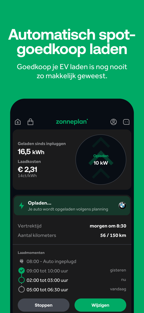 Zonneplan | Energie - Painel do aplicativo Zonneplan mostrando cronograma de carregamento inteligente automático de VE e custos de energia
