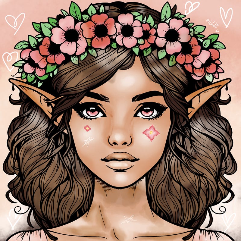 realistic female elf with flower crown
