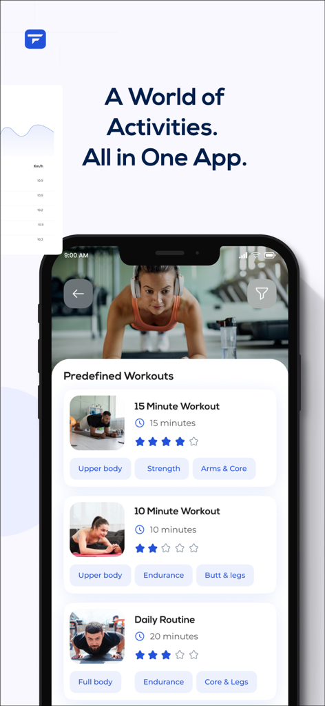 Mobile App-Bildschirm, der verschiedene vordefinierte Fitness-Workouts und -Routinen anzeigt