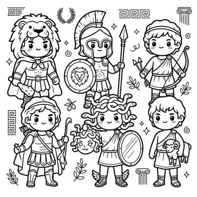 Dive into the world of ancient myths with this super cute Kawaii Greek Heroes coloring page. Featuring iconic figures in an adorable style, it's perfect for a delightful coloring session.