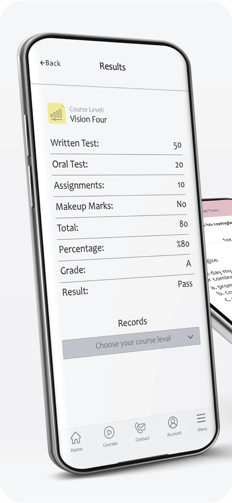Mobile app screen showing student academic performance results and grades for Vision Four course.