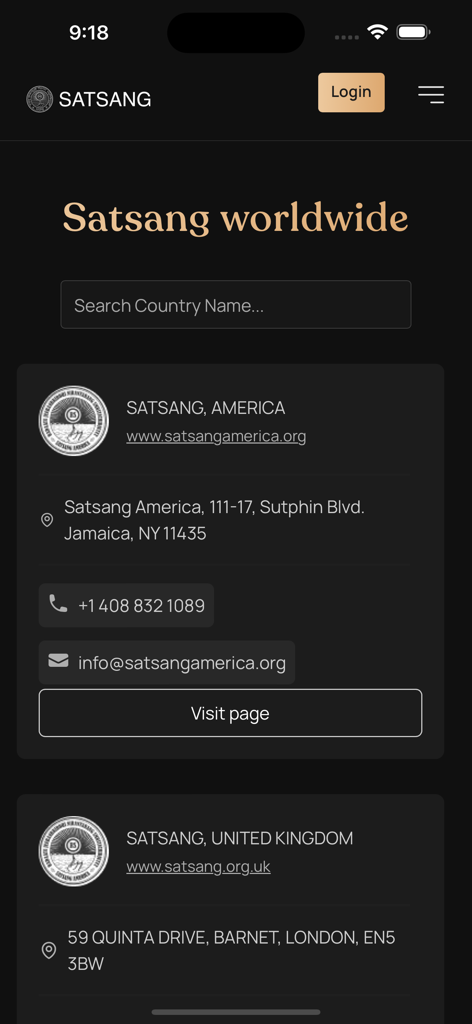Satsang Official - Satsang Official app screen showing addresses and contact info for worldwide centers in America and United Kingdom