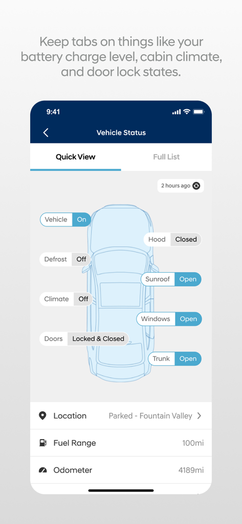 MyHyundai with Bluelink - Interfaz de la aplicación MyHyundai mostrando el estado del vehículo y detalles de seguridad