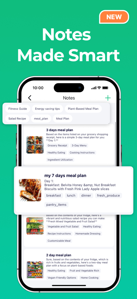 WiseList - WiseListスマートノートのインターフェース。パーソナライズされた食事計画と健康的な食事ガイドが表示されています。