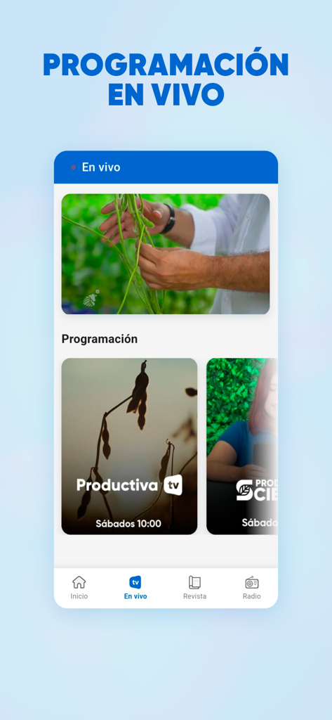 Productiva CM - Interface do aplicativo Productiva CM exibindo programação de TV agrícola ao vivo e horários de transmissão em espanhol.