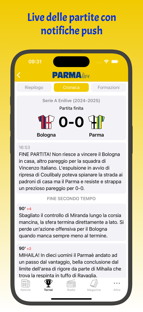 Parma Live app interface showing live match scores and report for Parma Calcio
