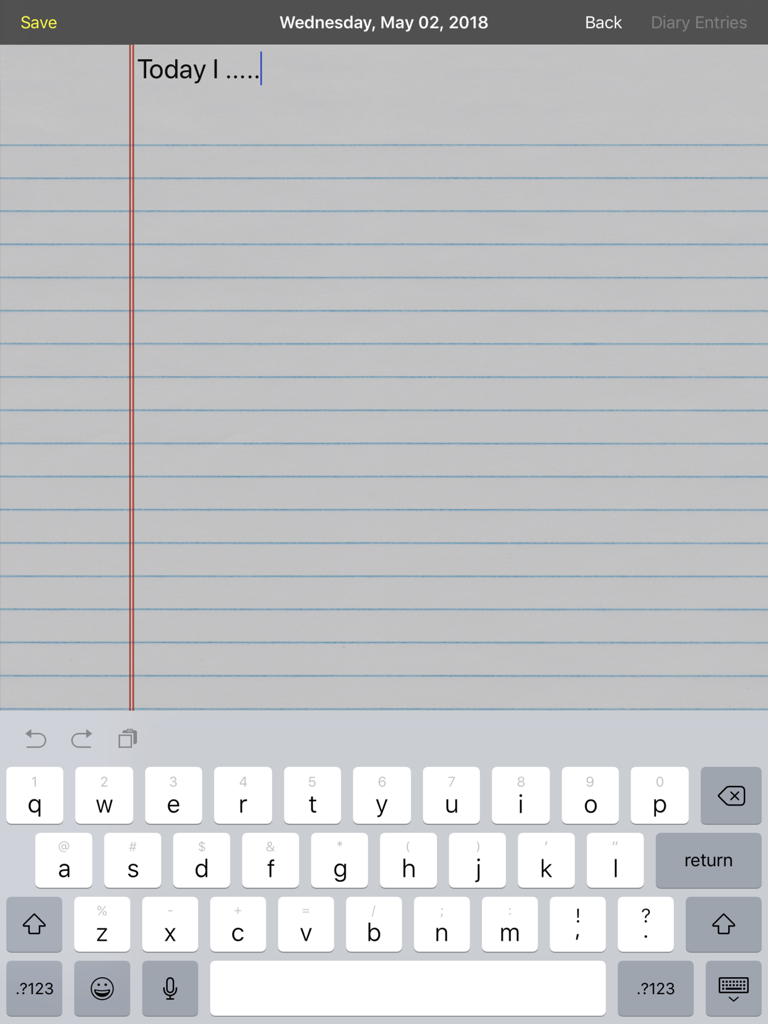 My Private Diary - Digital journal entry screen on an iPad featuring a lined paper background and keyboard.