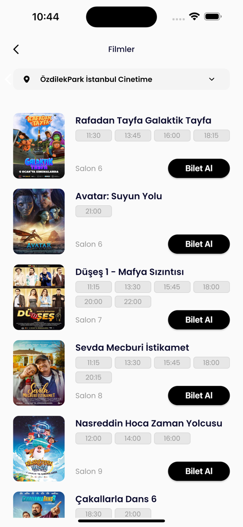 Özdilek AVM - A list of movies at OzdilekPark Istanbul Cinetime showing posters, session times, and ticket purchase buttons.