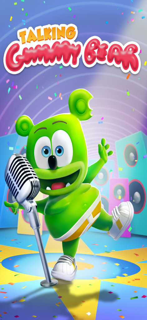 My Talking Gummy Bear - El personaje Osito Gominola verde cantando en un micrófono en un escenario con altavoces y confeti.