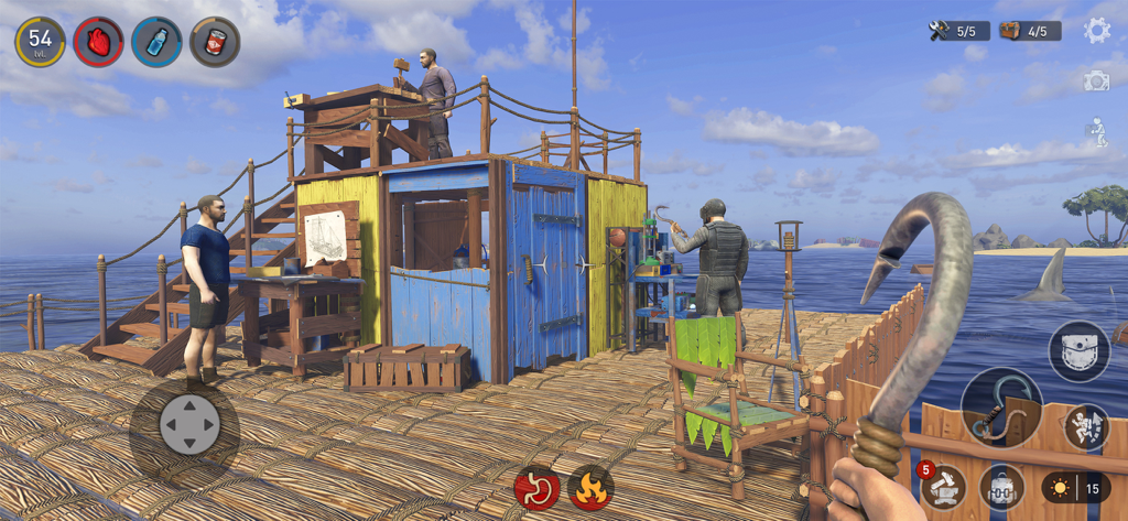 Raft® Survival: Multiplayer - Múltiples jugadores colaborando para construir y fabricar en una gran balsa de madera en el mar