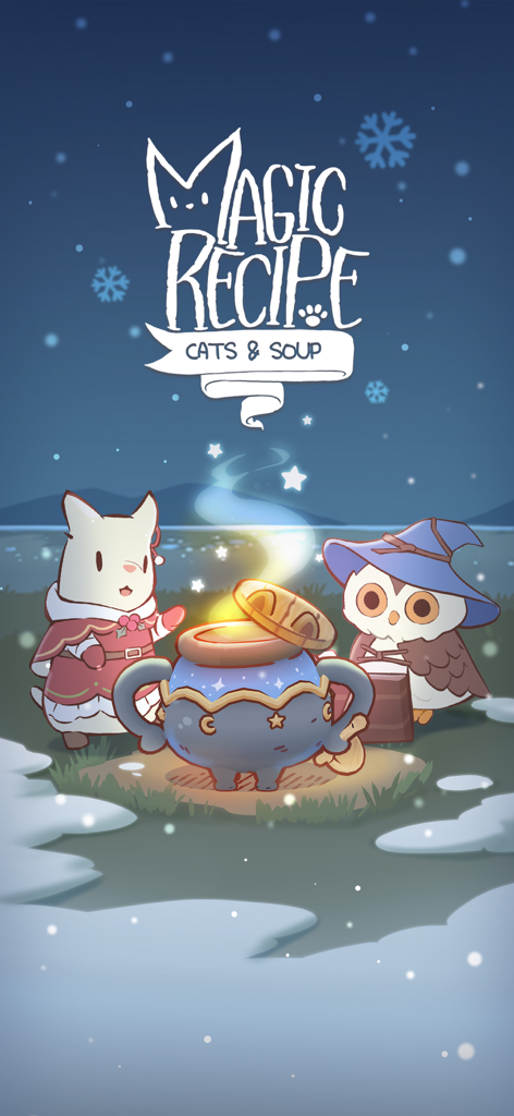 可愛い白い猫と魔法使いのフクロウが、星降る冬の空の下、光る青い大釜の隣に立っている「Cats and Soup Magic Recipe」