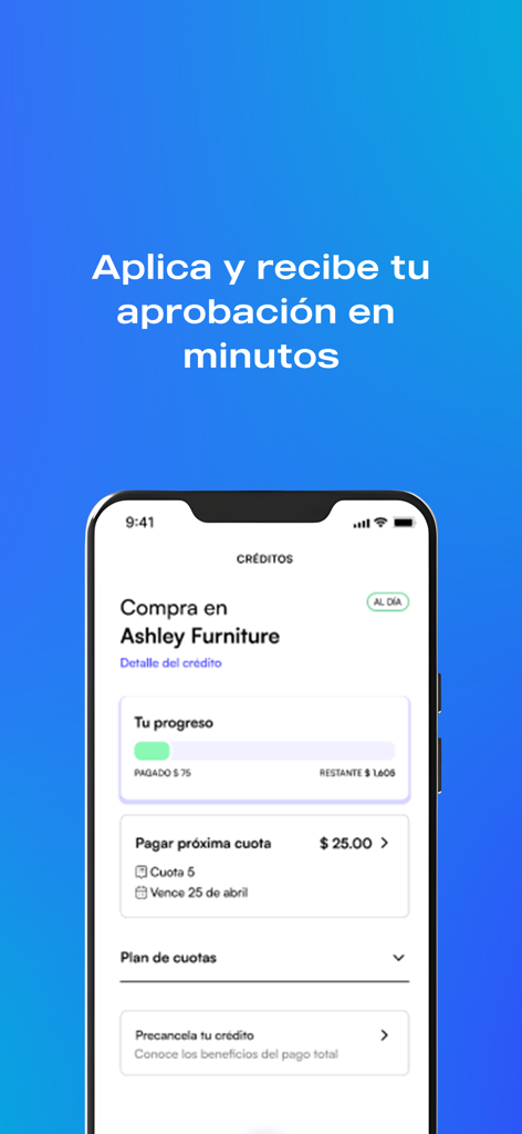 Crediviva - Pantalla de la aplicación Crediviva que muestra el progreso del crédito y los detalles de las cuotas mensuales para la compra de muebles