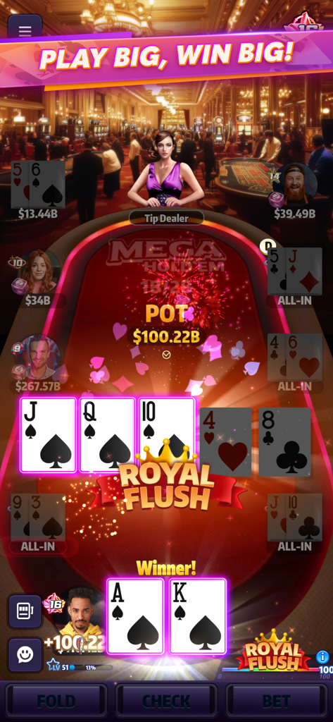 Mega Hit Poker gameplay showing a Royal Flush winning hand and a massive pot.