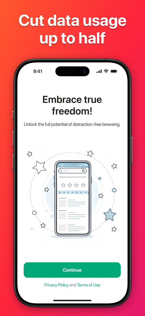 Pro Block – Safari Ad Blocker - Pro Block Safari Ad Blocker app onboarding screen highlighting reduced data usage