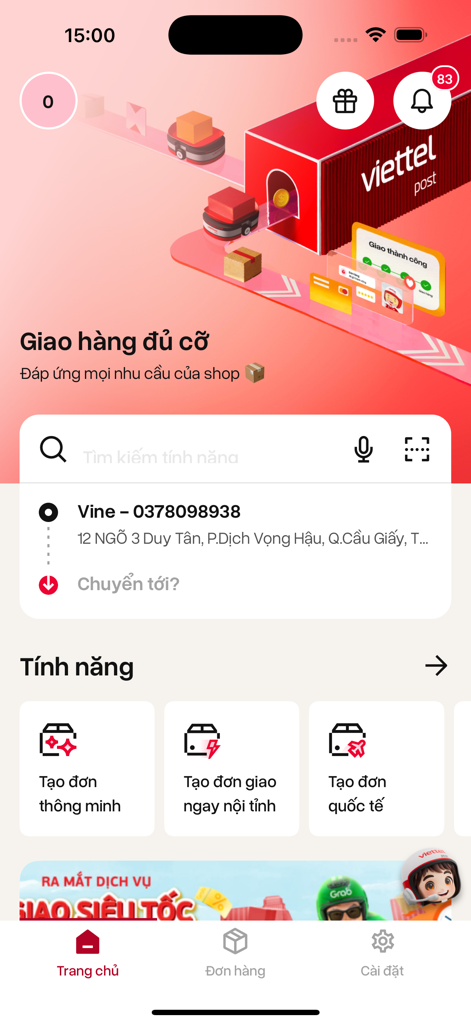 Viettel Post - 배송 및 배송 서비스 옵션이 있는 Viettel Post 모바일 앱 홈 화면