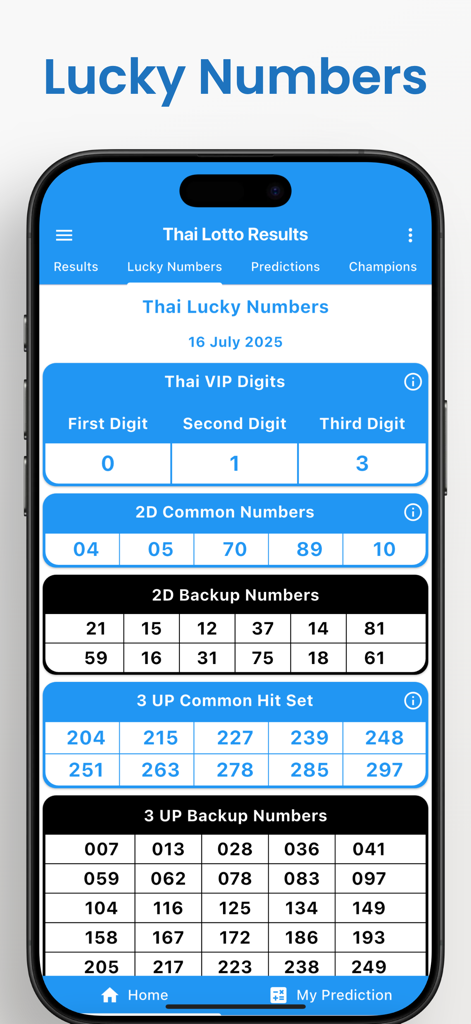 Thai Lotto Results - Interface do aplicativo Thai Lotto Results exibindo números da sorte para dígitos VIP, 2D e categorias de loteria 3UP.