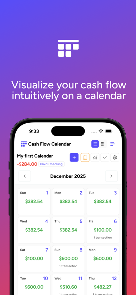 Cash Flow Calendar App - Cash Flow Calendar app interface showing daily income and expense forecasting on a monthly calendar view