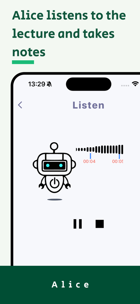 Alice: AI Note - Mind Map - Interface of Alice app showing an AI robot icon recording a lecture to automatically take notes