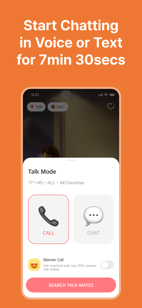 Interfaccia dell'app Maum che mostra le opzioni della modalità di conversazione per chiamata vocale o chat di testo con un limite di 7 minuti