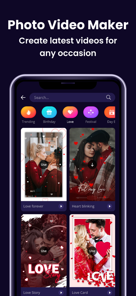 MBit: Reels & Video Templates - MBit 앱 인터페이스에 소셜 미디어용 테마 비디오 템플릿 표시