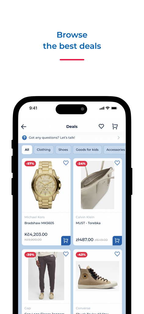 Meest Shopping app interface showing discounted fashion items and accessories from international brands