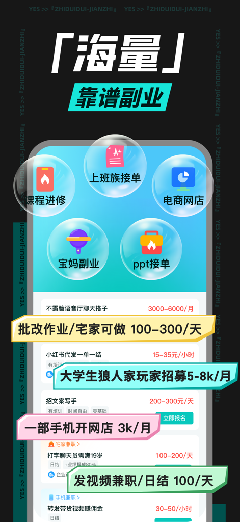 A mobile interface for the Zhi Dui Dui app displaying various gig economy job listings and side hustle categories in Chinese.