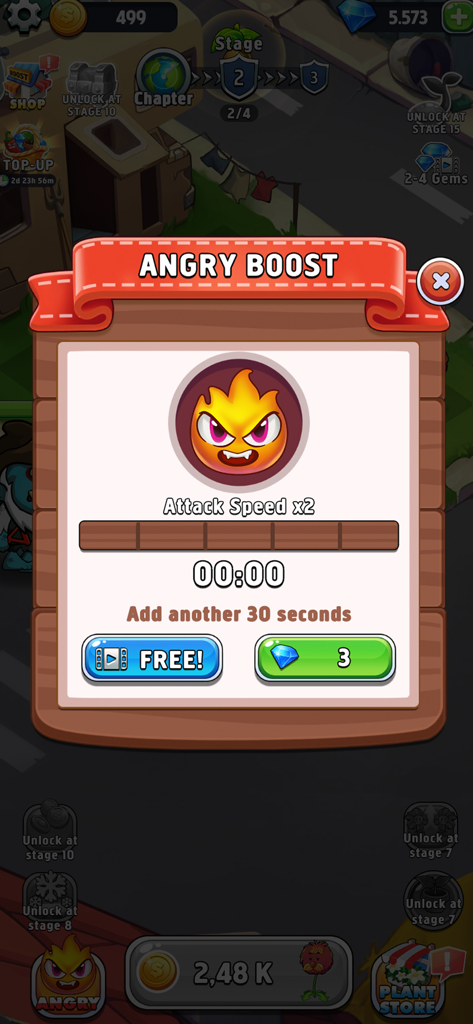 Merge Plants - Monster Defense - Angry Boost menu in Merge Plants Monster Defense offering double attack speed