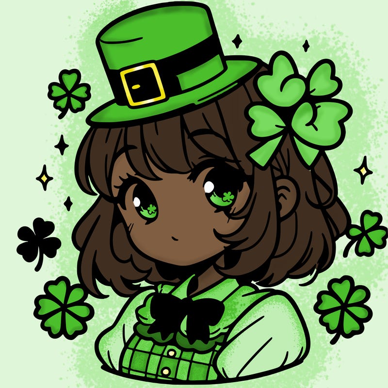 a manga-style girl with clovers around her, a little hat in her hair, like it's saint patrick's day