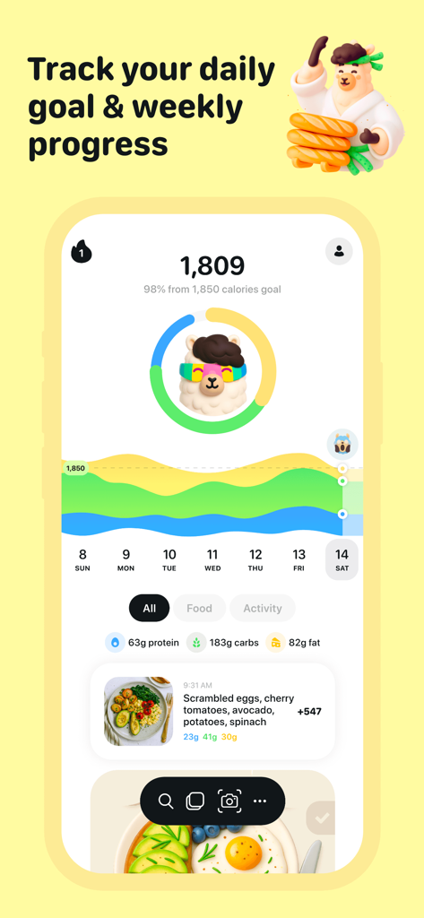 Foodllama AI calorie tracker - Foodllama app screen displaying daily calorie tracking goals and a weekly progress chart with a llama character