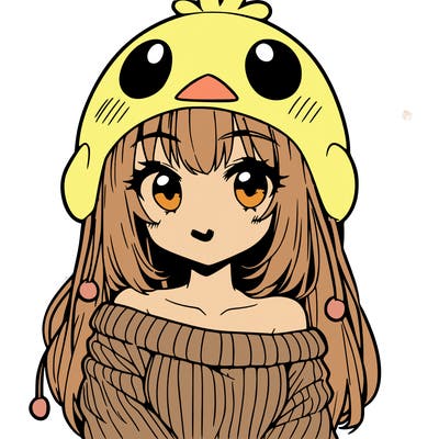 anime girl with chick shaped hat with sweater with bare shoulders with bangs covering them one eye with low tail