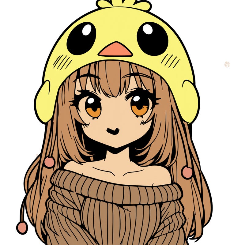 anime girl with chick shaped hat with sweater with bare shoulders with bangs covering them one eye with low tail