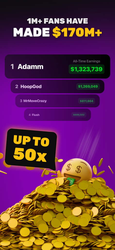 Leaderboard of top earners on the 1v1Me app showing all-time earnings and up to 50x staking potential