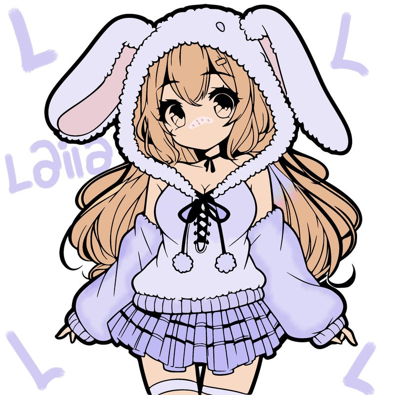 pretty anime girl wearing a fluffy hoodie with bunny ears on the hood and a skirt